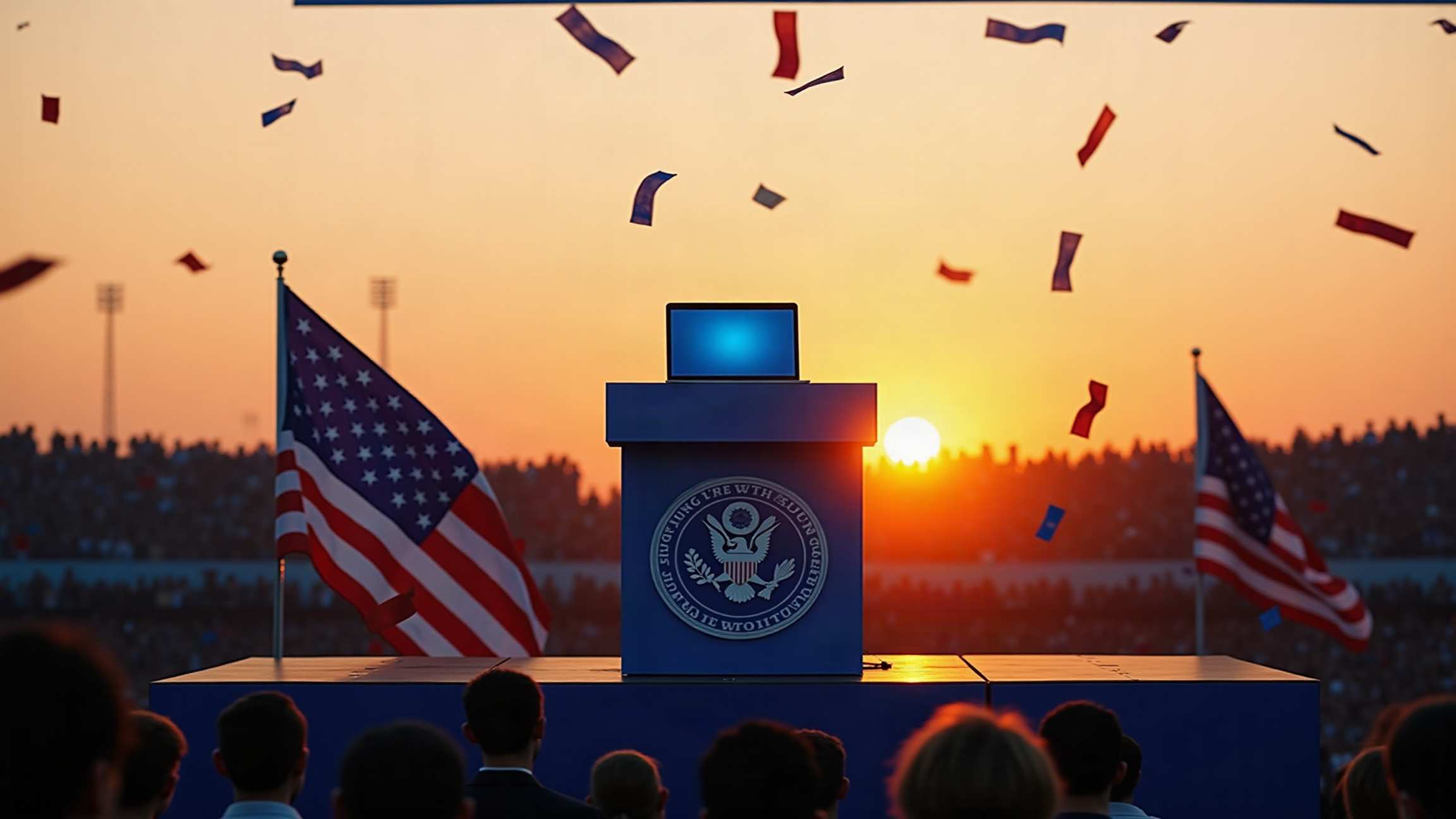 An outdoor rally stage at sunset: a navy podium with a laptop on it, American flags on both sides, confetti in the air, the crowd seen from behind